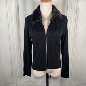 Vintage Gantos Black Zip-Up Ribbed Sweater w/‎ Faux Fur Collar – Size M